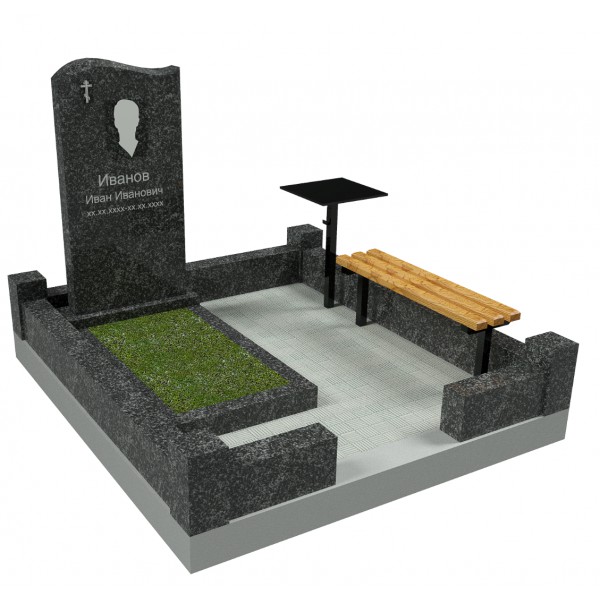 Статус - Памятник с гравировкой портрета + цветник + гранитный цоколь + лавка со столиком + тротуарная плитка